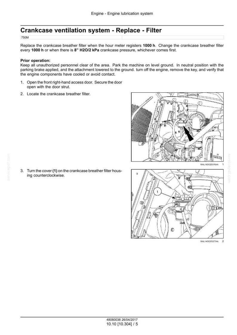 May include: Diagram of an engine's crankcase ventilation system, detailing filter replacement. Includes instructions and illustrations for the 750M model, with measurements in inches and kPa.