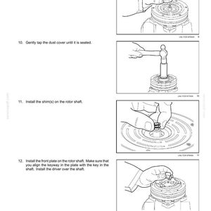 May include: Diagrams illustrating steps for air conditioning repair. Includes images of a mechanic's hands working on components, with text instructions. The images show the installation of parts like dust covers, shims, and plates.