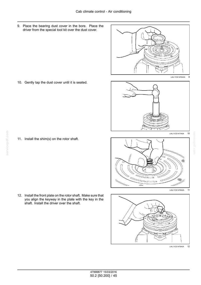 May include: Diagrams illustrating steps for air conditioning repair. Includes images of a mechanic's hands working on components, with text instructions. The images show the installation of parts like dust covers, shims, and plates.