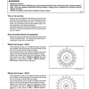 May include: Page from a maintenance manual with instructions on wheel nut tightening. Includes a warning about explosion hazards and diagrams showing bolt tightening sequences. Text includes torque specifications in foot-pounds.