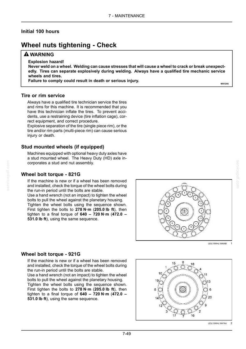 May include: Page from a maintenance manual with instructions on wheel nut tightening. Includes a warning about explosion hazards and diagrams showing bolt tightening sequences. Text includes torque specifications in foot-pounds.