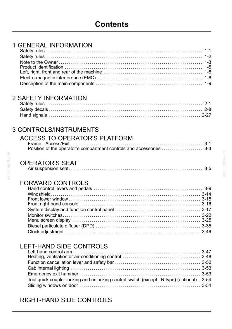May include: A white document page titled "Contents" with a list of topics including "General Information", "Safety Information", and "Controls/Instruments". The document is a manual with page numbers.