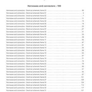Puede incluir: &Iacute;ndice detallado de un manual de sistemas el&eacute;ctricos, que enumera arneses y conectores con los n&uacute;meros de marco esquem&aacute;tico y n&uacute;meros de p&aacute;gina correspondientes. Texto negro sobre fondo blanco.