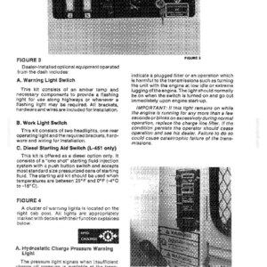 May include: A technical manual page featuring Figure 3 and Figure 4, which display diagrams of vehicle dashboard switches and a warning light cluster. The text provides instructions for a warning light switch, work light switch, and diesel starting aid.