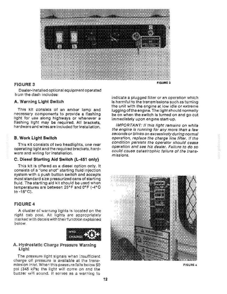 May include: A technical manual page featuring Figure 3 and Figure 4, which display diagrams of vehicle dashboard switches and a warning light cluster. The text provides instructions for a warning light switch, work light switch, and diesel starting aid.