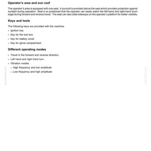 May include: A white document with the title "9 - SPECIFICATIONS" and text describing brakes, operator's area, keys, and operating modes. The document includes a list of keys and operating modes.