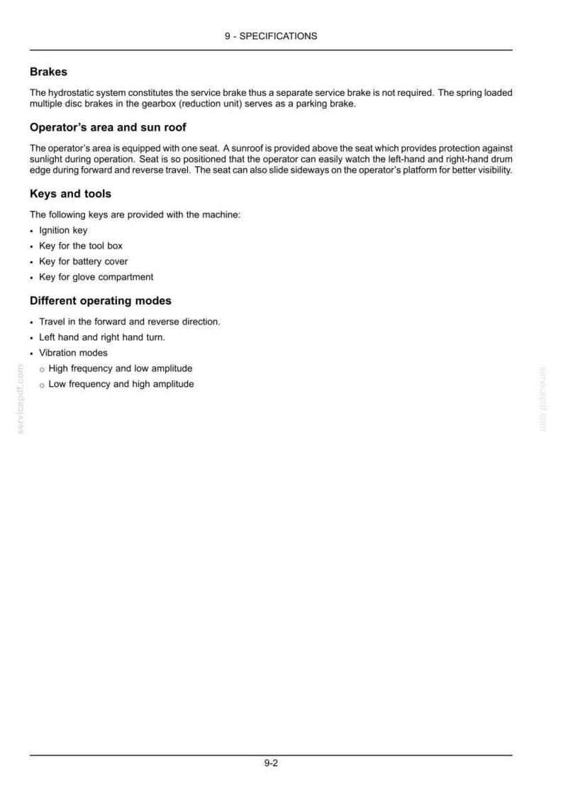 May include: A white document with the title "9 - SPECIFICATIONS" and text describing brakes, operator's area, keys, and operating modes. The document includes a list of keys and operating modes.