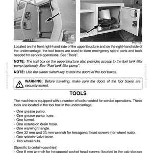 May include: Diagram of tool boxes labeled 'Upperstructure' and 'Undercarriage' with open doors, showing internal components. Text details tool locations and included tools like a grease pump, hose, and wrench. A warning about securing the doors is also present.