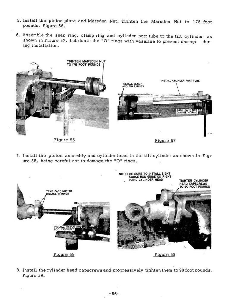 May include: Black and white technical diagrams with text instructions for mechanical assembly. The diagrams show various parts, including a piston plate, Marsden nut, snap ring, and cylinder port tube. Text includes "Tighten Marsden Nut to 175 foot pounds."