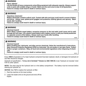 May include: A page from a maintenance manual detailing safety warnings for hydraulic fluid and filter maintenance. The text includes warnings about heavy objects, hazardous chemicals, and chemical hazards, with instructions for safe handling.