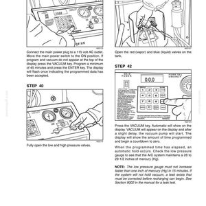 May include: Diagram of an automotive air conditioning system testing procedure. The image shows various steps, including connecting power, opening valves, and monitoring gauges. Text instructions are included.