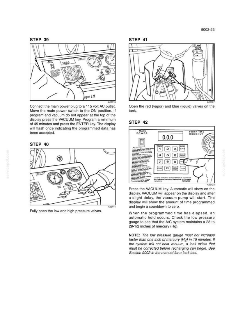 May include: Diagram of an automotive air conditioning system testing procedure. The image shows various steps, including connecting power, opening valves, and monitoring gauges. Text instructions are included.