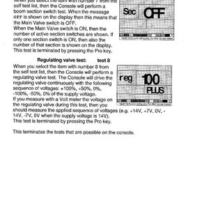 May include: A technical document with instructions for testing boom section switches and regulating valves. The document includes diagrams with the text "Sec OFF" and "reg 100 PLUS". The document is printed in black and white.