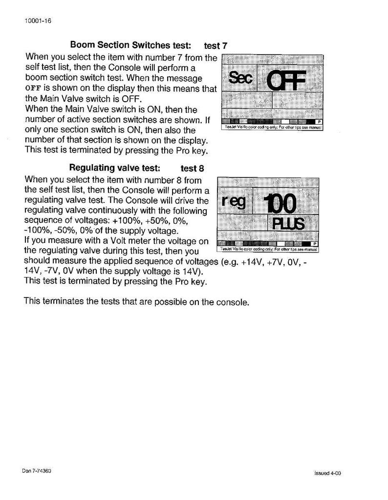 May include: A technical document with instructions for testing boom section switches and regulating valves. The document includes diagrams with the text "Sec OFF" and "reg 100 PLUS". The document is printed in black and white.
