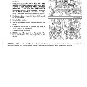 K&ouml;nnte beinhalten: Eine Seite aus einem technischen Handbuch mit dem Titel 7-MAINTENANCE, die das Nachf&uuml;llen von Motor&ouml;l f&uuml;r New Holland-Maschinen beschreibt. Sie enth&auml;lt nummerierte Anweisungen, eine Angabe von 9,5 L &Ouml;lkapazit&auml;t sowie zwei schwarz-wei&szlig;e Diagramme.