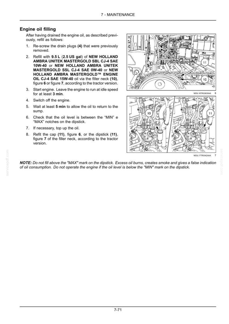 K&ouml;nnte beinhalten: Eine Seite aus einem technischen Handbuch mit dem Titel 7-MAINTENANCE, die das Nachf&uuml;llen von Motor&ouml;l f&uuml;r New Holland-Maschinen beschreibt. Sie enth&auml;lt nummerierte Anweisungen, eine Angabe von 9,5 L &Ouml;lkapazit&auml;t sowie zwei schwarz-wei&szlig;e Diagramme.