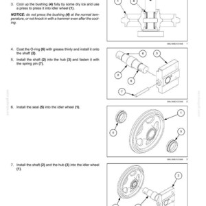 May include: Diagram of idler wheel assembly with numbered parts and instructions. Includes illustrations of the wheel, shaft, hub, O-ring, seal, and spring pin. Text includes steps for cleaning, oiling, and assembly.