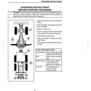 May include: A detailed diagram from an operating manual, titled "Operating Instructions Before Starting the Engine." It includes a machine diagram with numbered parts and a checklist for pre-start inspections, such as tire wear and fluid leaks.