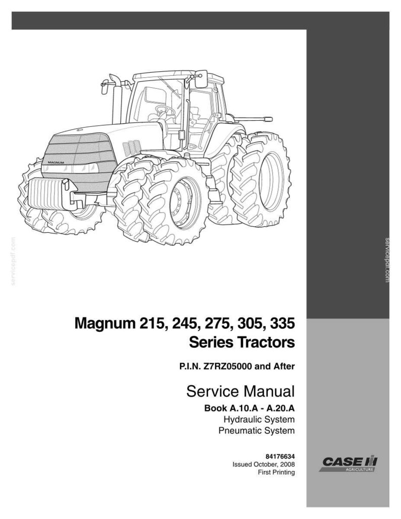 May include: A service manual cover for Magnum 215, 245, 275, 305, and 335 Series Tractors. The cover features a detailed line drawing of a tractor. Text includes the model series, service manual details, and Case IH Agriculture logo.