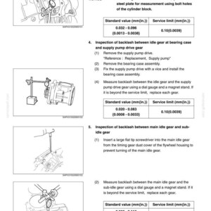 May include: Diagrams and instructions for engine mechanical inspection, including measuring backlash with a dial gauge and magnet stand. Includes standard and service limit values in inches.