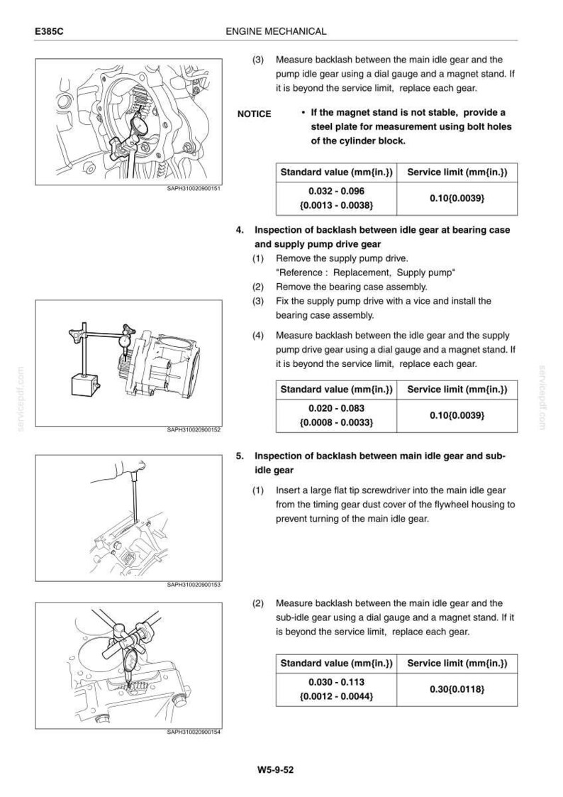 May include: Diagrams and instructions for engine mechanical inspection, including measuring backlash with a dial gauge and magnet stand. Includes standard and service limit values in inches.