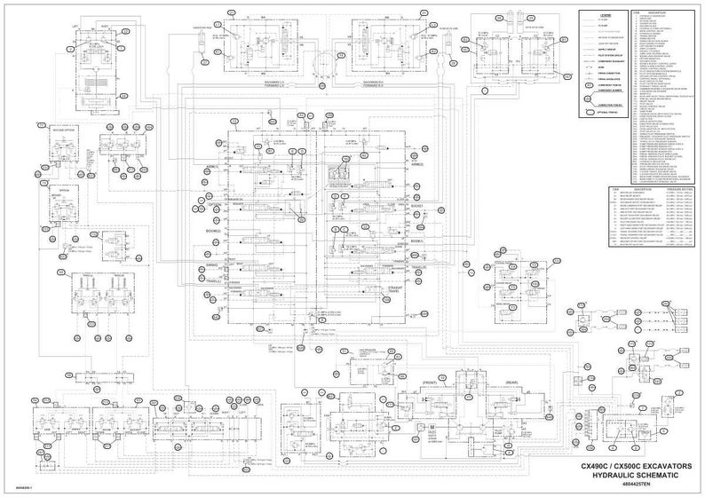Op de afbeelding: Een zwart-wit hydraulisch schema voor CX490C en CX500C graafmachines. Het diagram toont een complex netwerk van componenten, lijnen en labels. Een legenda en aanvullende informatie zijn inbegrepen.