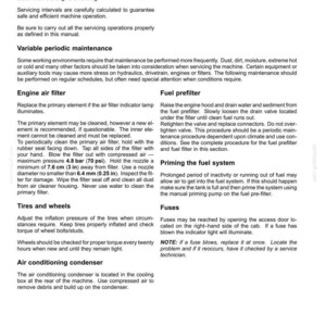 May include: A technical manual page titled 7 - MAINTENANCE, detailing procedures for an hourmeter, variable periodic maintenance, engine air filter, fuel prefilter, priming the fuel system, tires and wheels, fuses, and air conditioning condenser.
