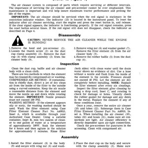 May include: A detailed page from a manual, providing instructions for servicing an air cleaner and pre-screener. The text includes safety warnings, disassembly steps, inspection procedures, and assembly instructions for the air cleaner system.