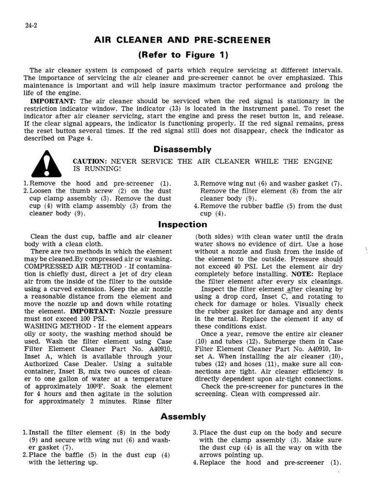 May include: A detailed page from a manual, providing instructions for servicing an air cleaner and pre-screener. The text includes safety warnings, disassembly steps, inspection procedures, and assembly instructions for the air cleaner system.
