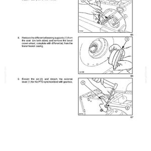May include: Diagrams from a manual detailing rear axle mechanical transmission procedures. The illustrations show steps for unscrewing bolts, removing bearing supports, and extracting pins. Text includes "SECTION 27 - REAR AXLE MECHANICAL TRANSMISSION - CHAPTER 1".