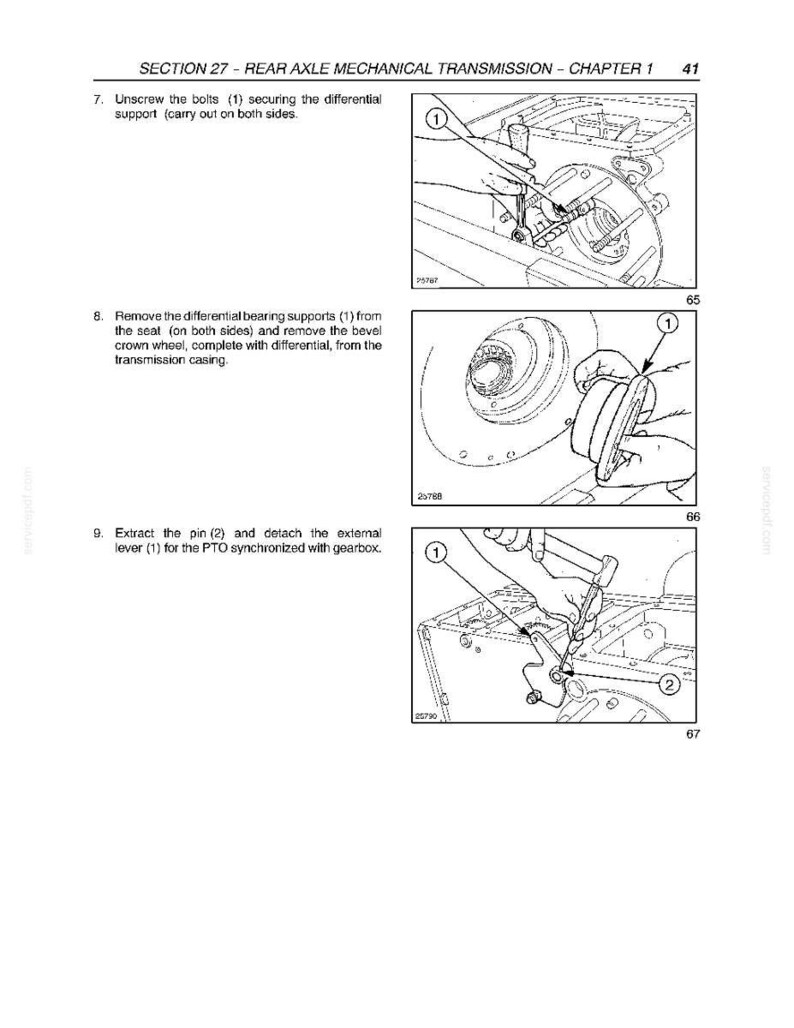 May include: Diagrams from a manual detailing rear axle mechanical transmission procedures. The illustrations show steps for unscrewing bolts, removing bearing supports, and extracting pins. Text includes "SECTION 27 - REAR AXLE MECHANICAL TRANSMISSION - CHAPTER 1".