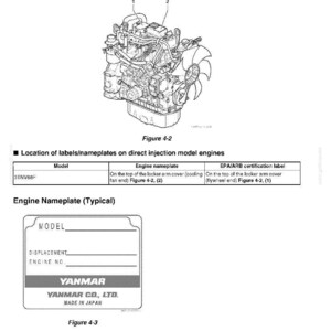 May include: Diagram of a YANMAR TNV series direct injection model engine, with labels and an engine nameplate. The image includes a detailed illustration of the engine's components and label locations, with text indicating the location of regulatory and safety labels.
