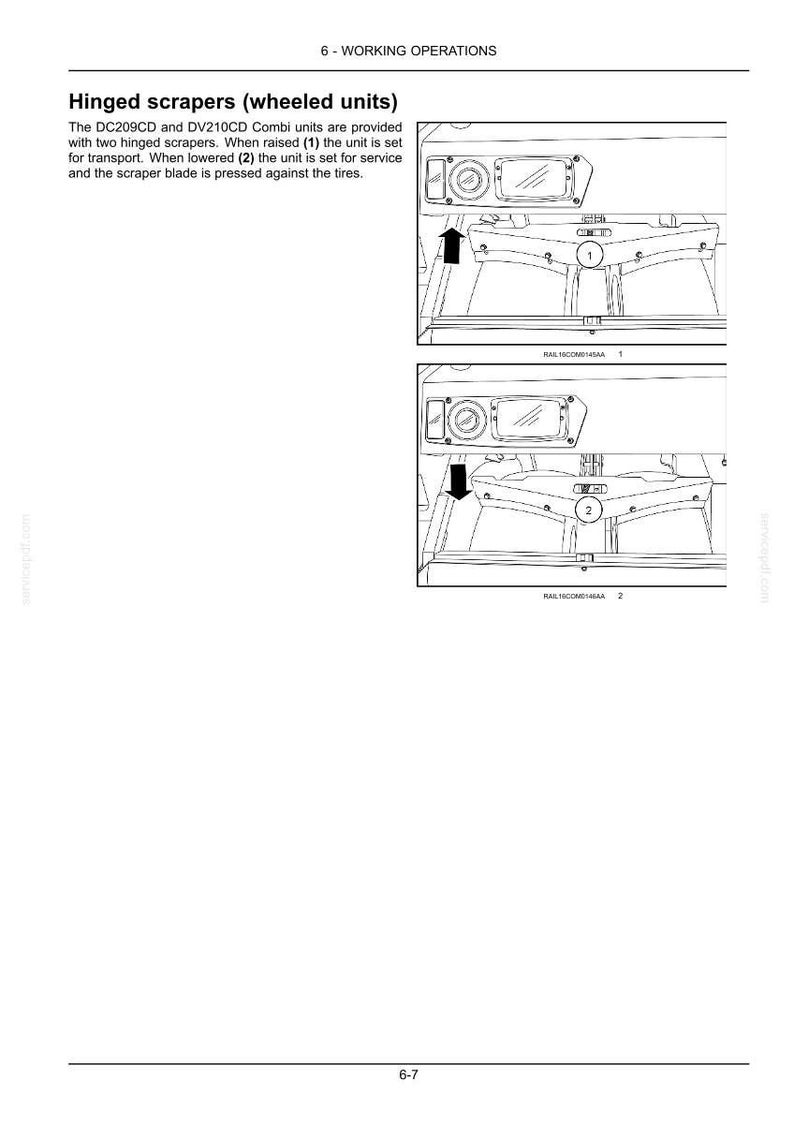 May include: Diagram of a wheeled unit with hinged scrapers, labeled for transport and service positions. The text explains the operation of the DC209CD and DV210CD Combi units.