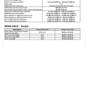 May include: A detailed technical diagram of a rear axle, displaying specifications for pinion to ring gear, differential, and torque measurements. Includes thread sizes and torque values in lb ft and N.m.