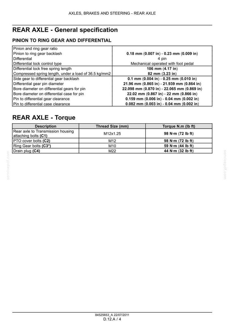 May include: A detailed technical diagram of a rear axle, displaying specifications for pinion to ring gear, differential, and torque measurements. Includes thread sizes and torque values in lb ft and N.m.