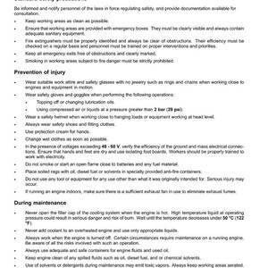 May include: A printed page with safety rules for machinery maintenance. The text includes precautions, injury prevention, and maintenance guidelines. The document covers topics like electrical safety, fire safety, and handling fluids. The document is dated June 15, 2012.