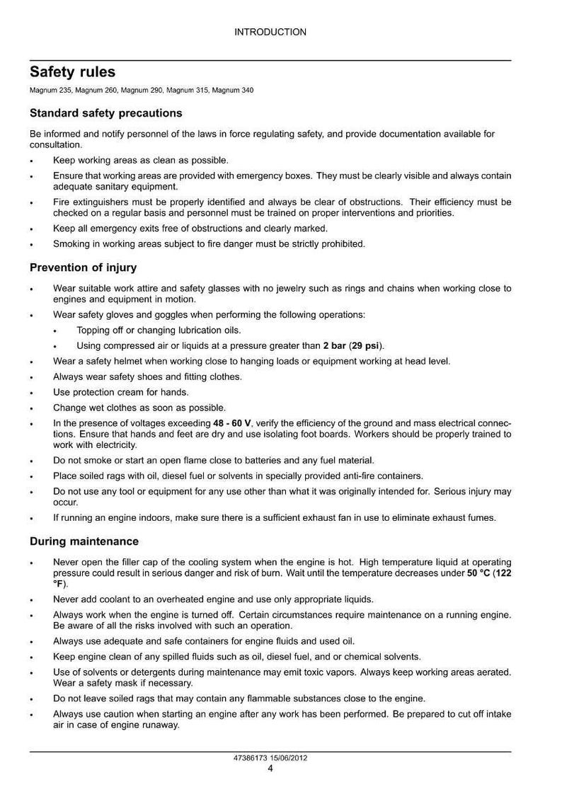 May include: A printed page with safety rules for machinery maintenance. The text includes precautions, injury prevention, and maintenance guidelines. The document covers topics like electrical safety, fire safety, and handling fluids. The document is dated June 15, 2012.