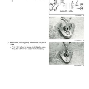 Pu&ograve; includere: Diagramma e immagini che illustrano i componenti del sistema di rotazione idraulica. Include uno schema dell'assieme del supporto con parti numerate e foto ravvicinate delle parti meccaniche. Sono incluse anche istruzioni testuali.