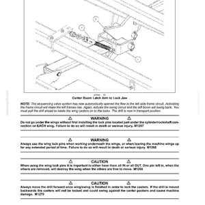 May include: A technical diagram titled FRAME POSITIONING - TRAVELLING Folding showing a center boom latch arm to lock jaw mechanism. The document includes safety warnings regarding wing lock pins, drill movement, and machine operation instructions.