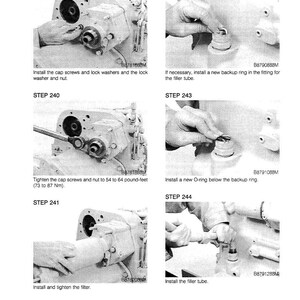 May include: A grayscale technical manual page with six images detailing mechanical assembly steps. Text includes "STEP 239" to "STEP 244" with instructions like "Install the cap screws" and "Install the filler tube."