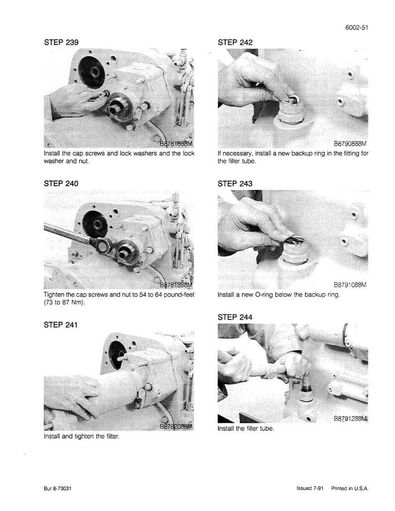 May include: A grayscale technical manual page with six images detailing mechanical assembly steps. Text includes "STEP 239" to "STEP 244" with instructions like "Install the cap screws" and "Install the filler tube."