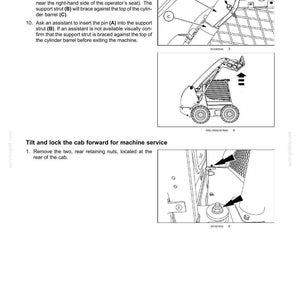 May include: Diagrams illustrating safety information and machine service procedures. Includes labeled components like the support strut (B), cylinder rod (D), and override control knob. Instructions detail steps for machine maintenance.