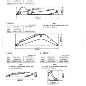 May include: A technical specification document for heavy machinery components, including diagrams and tables for an arm and bucket, a boom, an arm, and a bucket. The text lists models K904 and K905 with dimensions in mm and ft-in, and weights in tons and lbs.