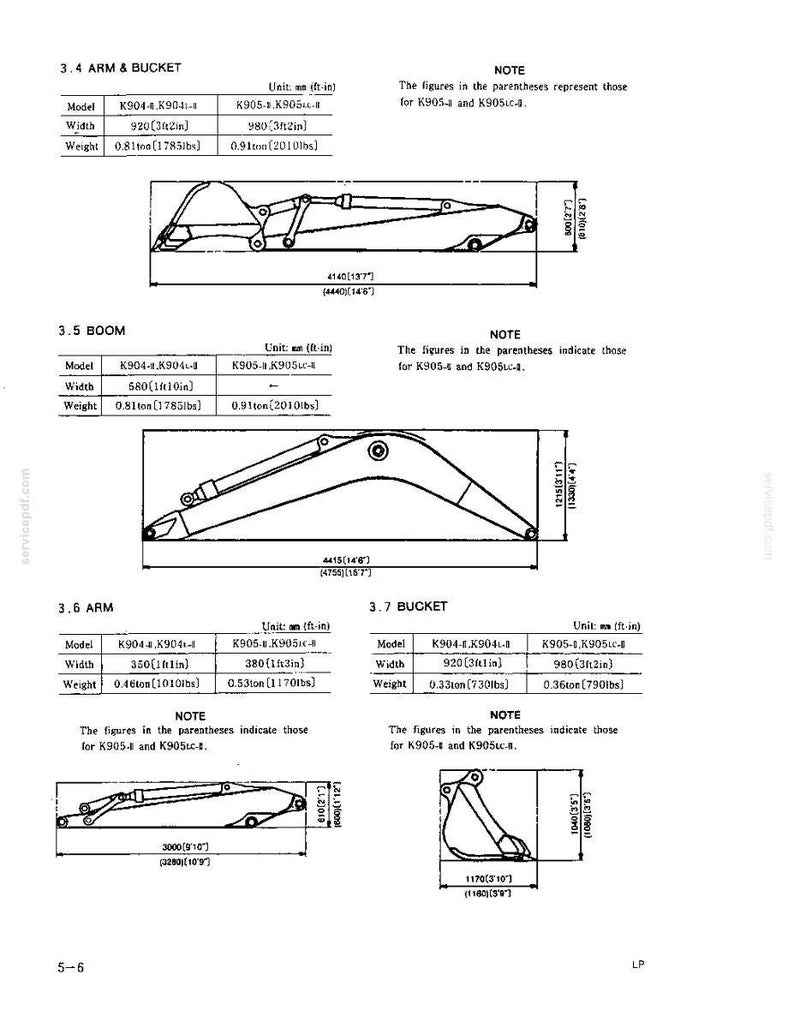 May include: A technical specification document for heavy machinery components, including diagrams and tables for an arm and bucket, a boom, an arm, and a bucket. The text lists models K904 and K905 with dimensions in mm and ft-in, and weights in tons and lbs.