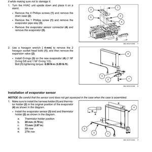 May include: Diagram of air conditioning evaporator replacement, with numbered parts and instructions. Includes measurements in inches and foot-pounds for installation. Text includes warnings about O-rings and sensor cords.