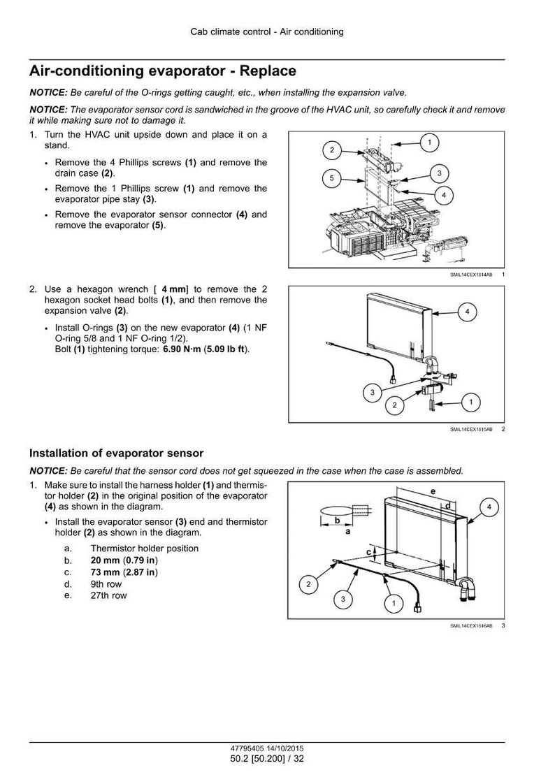 May include: Diagram of air conditioning evaporator replacement, with numbered parts and instructions. Includes measurements in inches and foot-pounds for installation. Text includes warnings about O-rings and sensor cords.