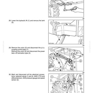 May include: Diagram from a manual showing steps for rear axle mechanical transmission. Includes illustrations of removing nuts, lowering hydraulic lifts, and disconnecting pipes. Text includes section and chapter titles, and step-by-step instructions with numbered parts.