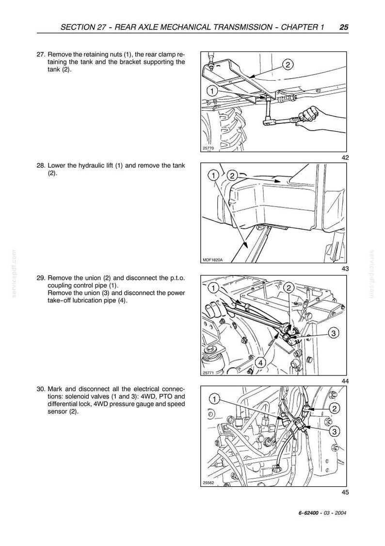 May include: Diagram from a manual showing steps for rear axle mechanical transmission. Includes illustrations of removing nuts, lowering hydraulic lifts, and disconnecting pipes. Text includes section and chapter titles, and step-by-step instructions with numbered parts.
