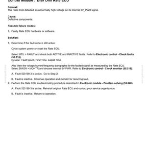 May include: A document titled "Electrical systems - FAULT CODES" with troubleshooting steps for a Disk Drill Rate ECU. The text includes fault codes, causes, and solutions for voltage issues.