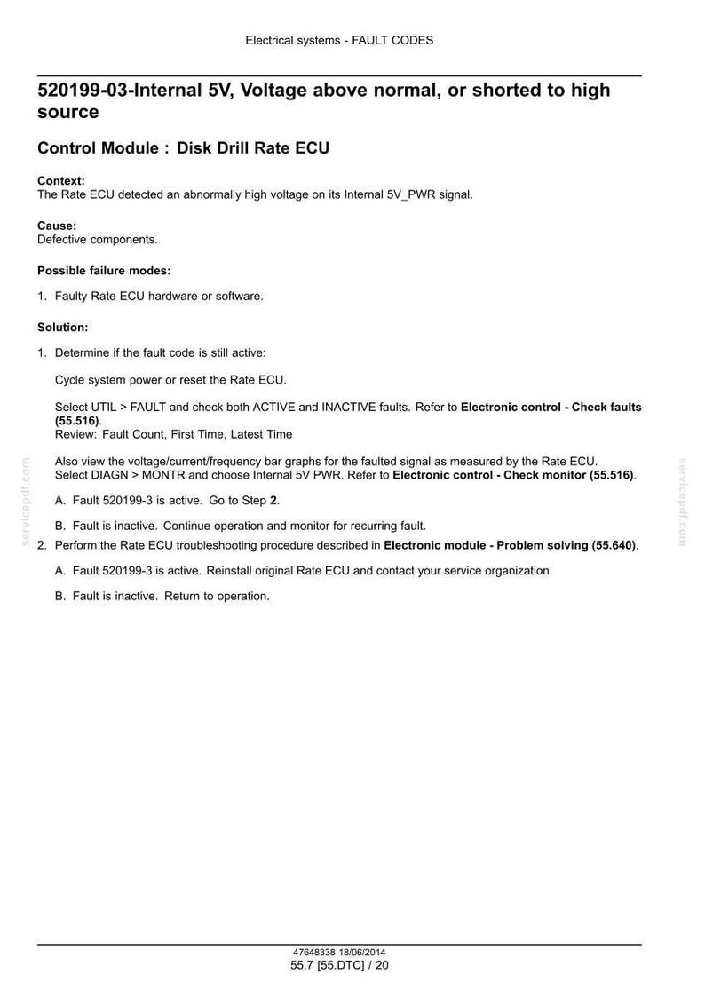 May include: A document titled "Electrical systems - FAULT CODES" with troubleshooting steps for a Disk Drill Rate ECU. The text includes fault codes, causes, and solutions for voltage issues.